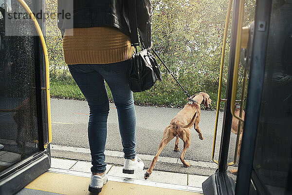 Tiefschnitt einer jungen Frau  die mit ihrem Hund aus dem Zug aussteigt