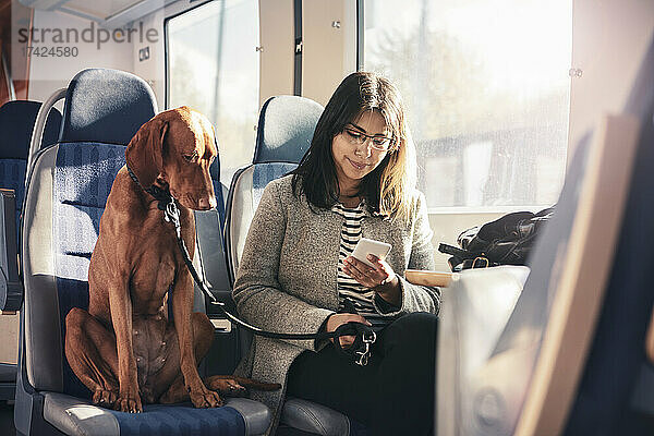 Junge Frau benutzt ihr Smartphone  während sie neben ihrem Hund im Zug sitzt