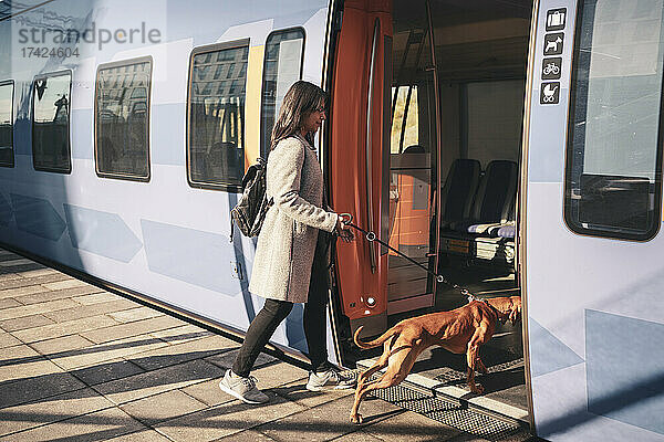 Junge Frau und Hund steigen an einem sonnigen Tag in einen Zug ein