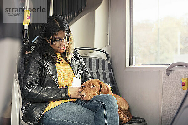 Junge Frau betrachtet ihren Hund auf dem Schoß  während sie in einer Seilbahn fährt