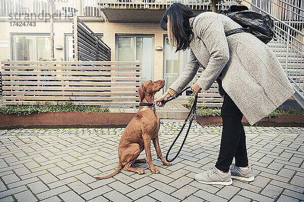 Seitenansicht einer Frau mit Rucksack  die die Leine eines Hundes auf einem Fußweg einstellt