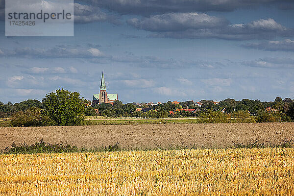 Blick über abgeerntete Felder im Spätsommer auf die Silhouette der Kleinstadt Meldorf mit seinem alles überragenden Dom