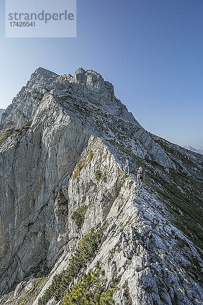 Wanderer auf einem Grad  Felsige Berge und Geröll  Wanderung zum Hochkalter  Berchtesgadener Alpen  Berchtesgadener Land  Oberbayern  Bayern  Deutschland  Europa