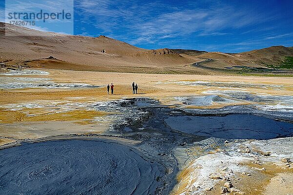 Heiße Schlammquellen blubbern in geothermaler Landschaft mit verschiedenen Farben  Myvatn  Namaskard  Namafjall  Island  Europa