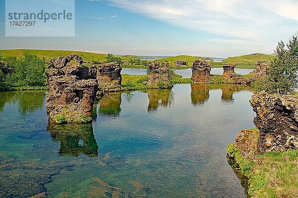 Lavafelsen in glasklarem Wasser  Höfdi  Myvatn  Island  Europa