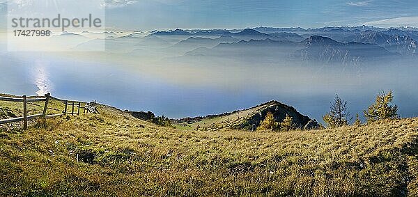 Wiese mit Zaun und Gardasee im Morgennebel mit Gardasee Berge und Bergamasker Alpen  Monte Baldo  Malcesine  Verona Italien  Trentino-Alto Adige  Italien  Europa