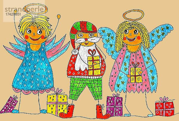 Naive Illustration  Strichmännchen als Enkel und Weihnachtsmann