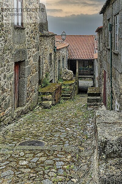 Enge und schattige Straße  Linhares de Beira  Historisches Dorf um die Serra da Estrela  Bezirk Castelo Branco  Beira  Portugal  Europa