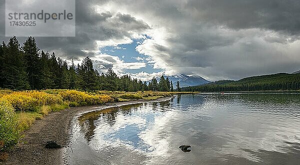 Seeufer des Maligne Lake mit herbstlicher Vegetation  Wolkenhimmel  Jasper National Park  Rocky Mountains  Alberta  Kanada  Nordamerika