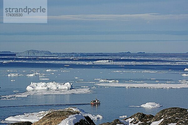 Kleines Fischerboot in einer von Eisbergen übersäten Bucht  Ilulissat  Diskobucht  Grönland  Dänemark  Nordamerika