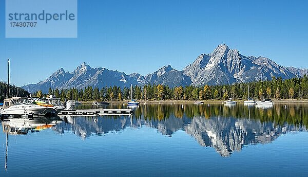 Berge spiegeln sich im See  Jackson Lake  Segelboote und Motorboote in einer Bucht  Colter Bay im Herbst  Teton Range Gebirgszug  Grand Teton National Park  Wyoming  USA  Nordamerika