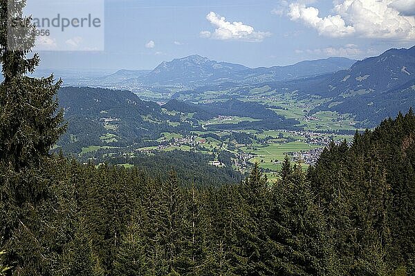 Ausblick vom Wanderweg zur Söller-Alpe ins Illertal  hinten der Berg Grünten  Oberstdorf  Oberallgäu  Allgäu  Bayern  Deutschland  Europa