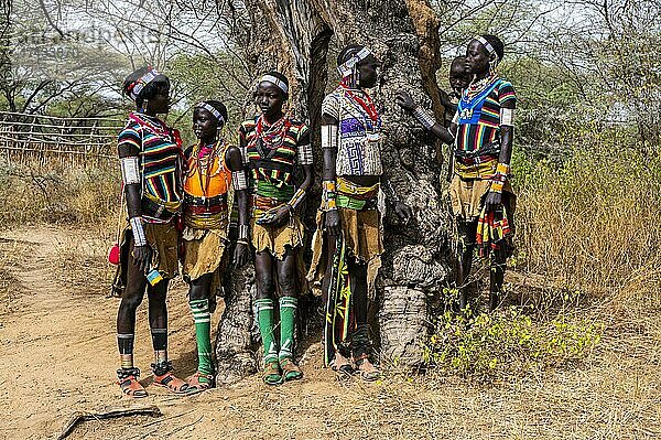 Traditionell gekleidete junge Mädchen vom Stamm der Laarim  die sich unter einem Baum unterhalten  Boya Hills  Eastern Equatoria  Südsudan  Afrika