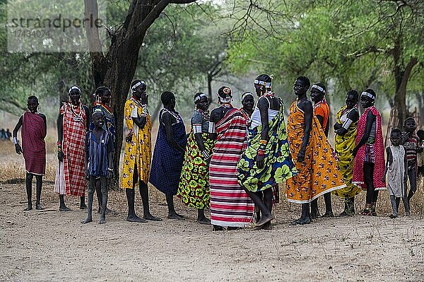 Traditionell gekleidete junge Mädchen vom Stamm der Laarim  die sich unter einem Baum unterhalten  Boya Hills  Eastern Equatoria  Südsudan  Afrika