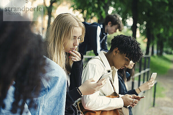 Männliche und weibliche Freunde benutzen Smartphones im Park