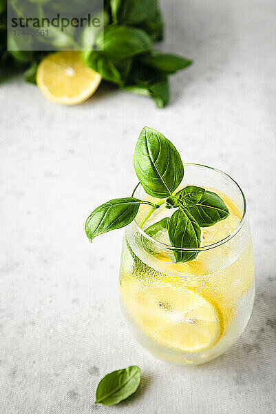 Studioaufnahme eines Glases frischer Limonade mit Basilikum