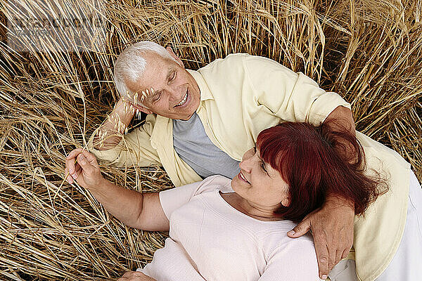 Lächelndes älteres Paar ruht auf Weizenfeld