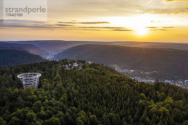 Deutschland  Baden-Württemberg  Bad Wildbad  Luftaufnahme einer Stadt im Schwarzwald bei sommerlichem Sonnenuntergang