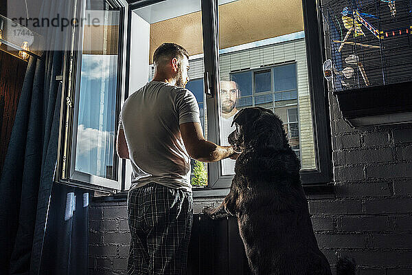Hund und Mann schauen zu Hause durch das Fenster