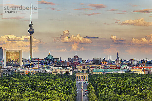 Deutschland  Berlin  Luftaufnahme des Tiergartens mit der Skyline der Stadt im Hintergrund