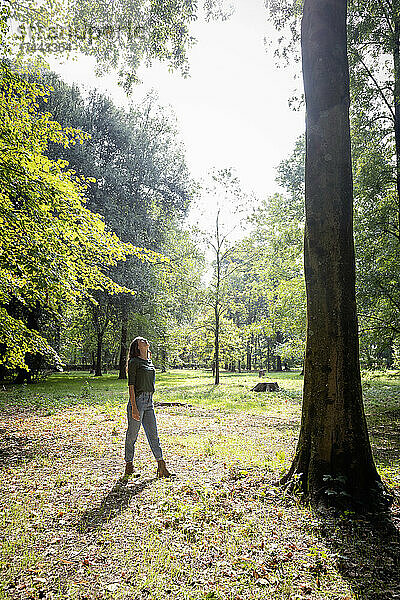 Junge Frau geht im Park auf einen Baum zu
