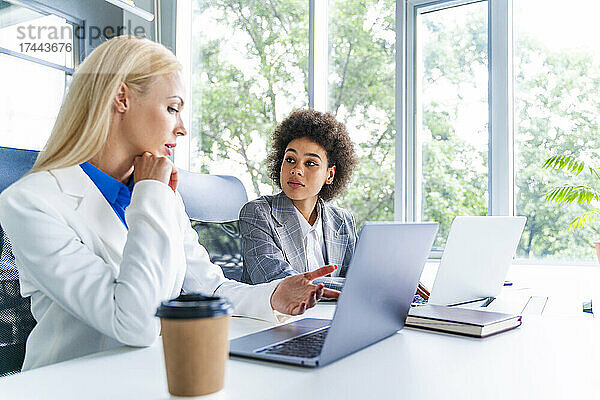 Weibliche Geschäftsleute diskutieren am Laptop am Schreibtisch im Büro