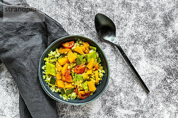 Studio shot of bowl of ready-to-eat low carb curry