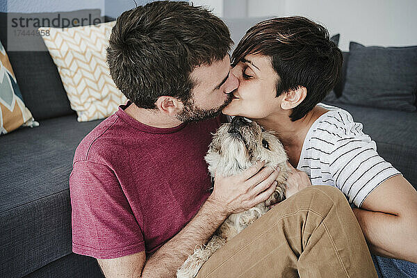 Zärtliches Paar küsst sich  während es zu Hause mit einem Mischlingshund sitzt