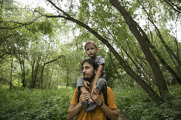 Vater trägt Sohn auf Schultern beim Wandern im Wald
