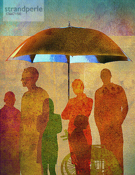 Menschen geschützt durch einen Regenschirm
