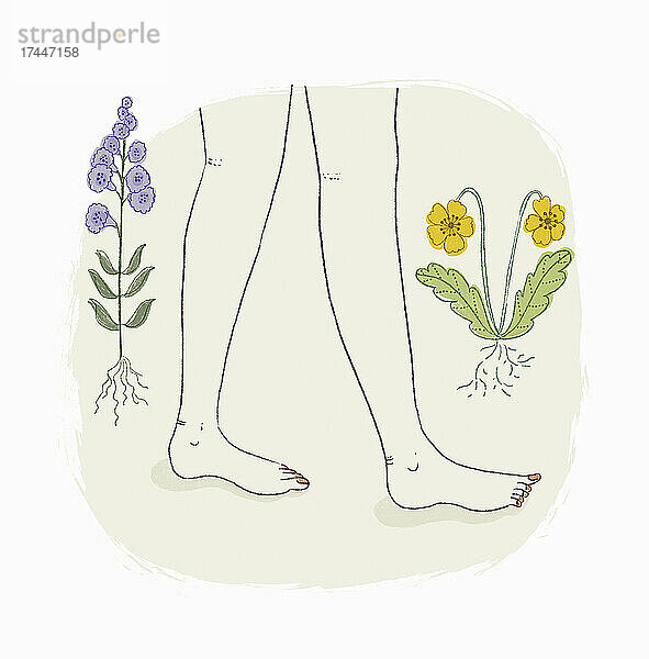 Nackte Füße laufen durch Wildblumen
