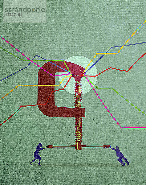 Geschäftsmann und Geschäftsfrau ziehen Diagramm mit einem Schraubstock fest