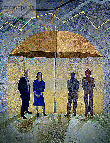 Menschen und Geld geschützt vor Veränderungen unter einem Regenschirm