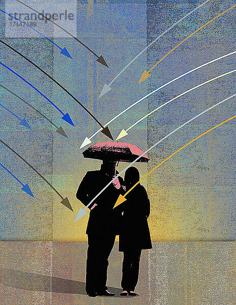 Paar sucht unter einem Regenschirm Schutz vor Pfeilen