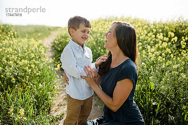 Mutter und Sohn lachen im Wildblumenfeld