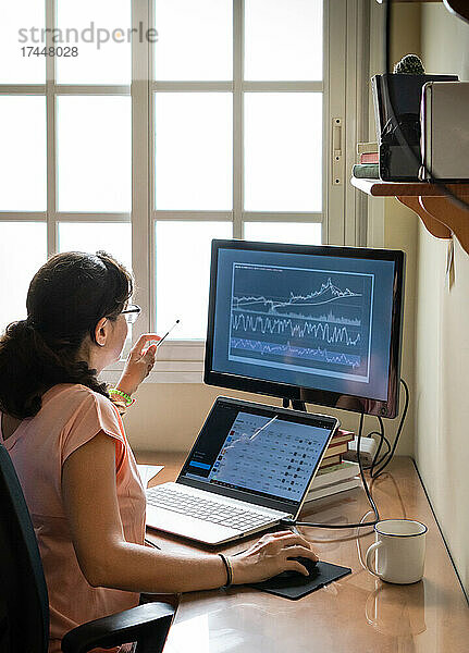 Händlerin analysiert Aktiendiagramme vom Heimbüro aus mit einem Laptop.