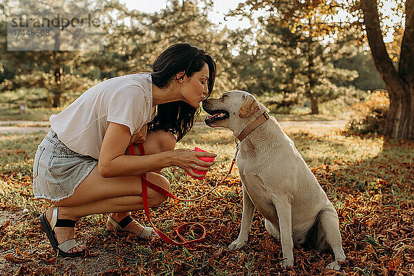 Glückliche Frau küsst ihren Labrador-Welpen im Freien