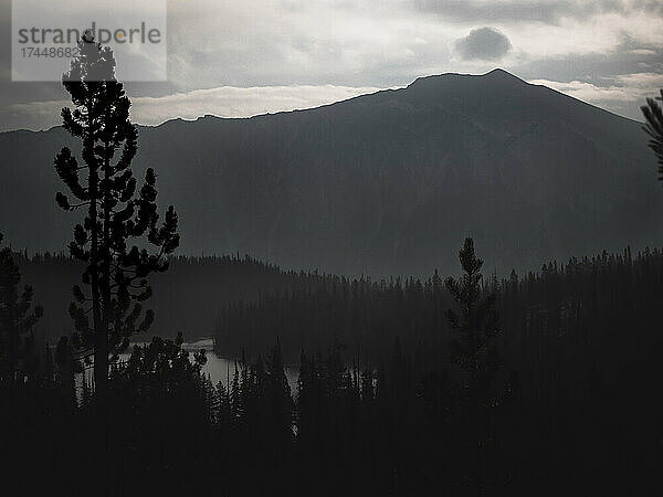 Eine ruhige Wildnislandschaft mit Bergen und einem Alpensee.
