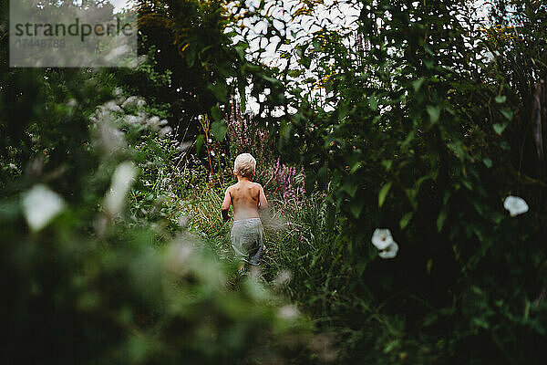 Rückansicht eines blonden Kindes  das auf einem Wanderweg zwischen grünen Pflanzen spaziert