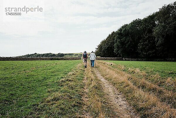 Älteres Paar geht gemeinsam auf dem Land spazieren
