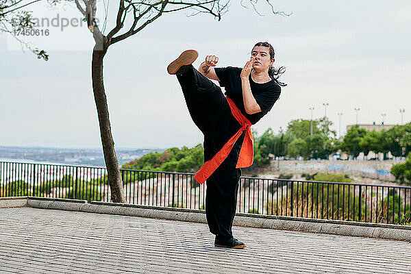 Frau wirft einen Tritt  während sie in einem Park Kung-Fu trainiert