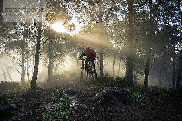 Junger Mountainbiker springt an einem schönen nebligen Morgen. Spanien