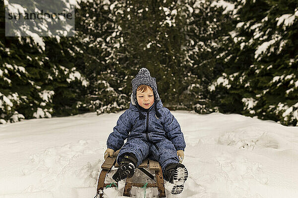 Kleiner Junge sitzt auf einem Schlitten und rutscht von einem Schneefeld hinein