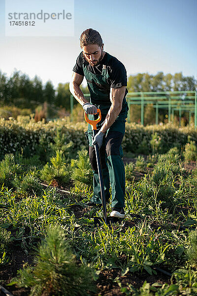 Männlicher Arbeiter gräbt Boden auf dem Bauernhof