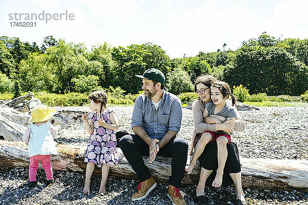 Direkter Blick auf eine Familie  die gemeinsam auf Treibholz am Strand sitzt