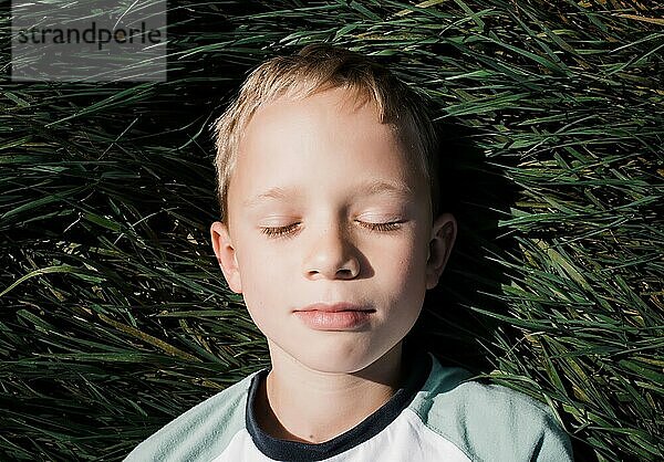 Junge liegt im grünen Gras und entspannt sich in der Sommersonne