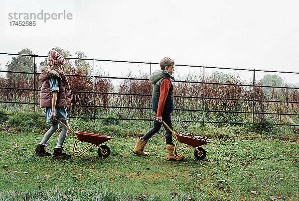 Kinder gehen im Herbst mit Schubkarren auf Nahrungssuche im Wald
