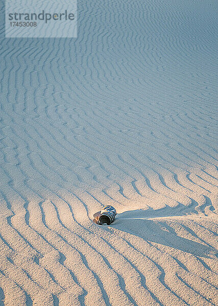 Eine Mülltonne aus Aluminium verunreinigt Sanddünen  White Sands  New Mexico