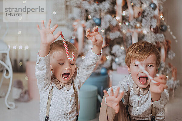 Fröhliche süße Kinderjungen  die Geschenke unter dem Weihnachtsbaum öffnen.