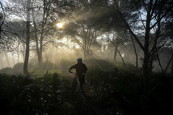 Junger Mountainbiker an einem wunderschönen nebligen Morgen in Spanien